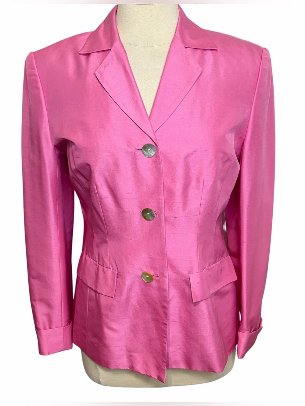 Vintage RUSSELL SCOTT Signature Silk Bubblegum Pink Button Front Blazer, Size 8